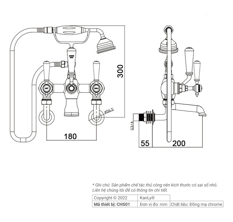 Bản vẽ kỹ thuật sen tắm bằng đồng Kanly CHS01