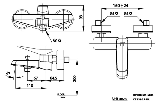 kích thước củ sen tắm COTTO CT2325A nóng lạnh gắn tường