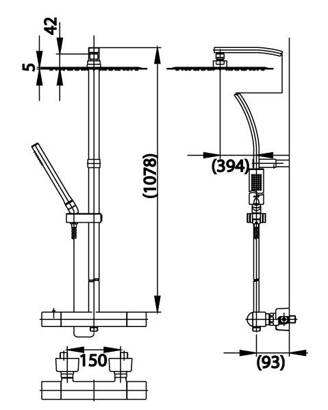 Bản vẽ kích thước sen cây nhiệt độ CT 2042 W Cotto