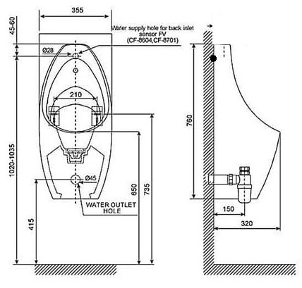 Bản vẽ kích thước bồn tiểu American WP 6737B