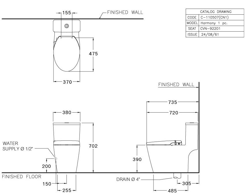 Bản vẽ kích thước bàn cầu c 110507 cn1 kết hợp nắp rửa cơ