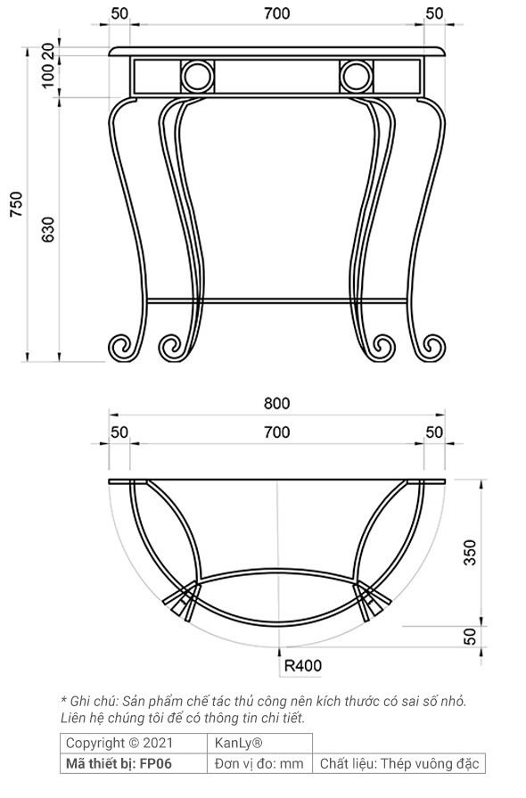 Bản vẽ bàn đặt lavabo Kanly FP06 mặt đá hình bán nguyệt