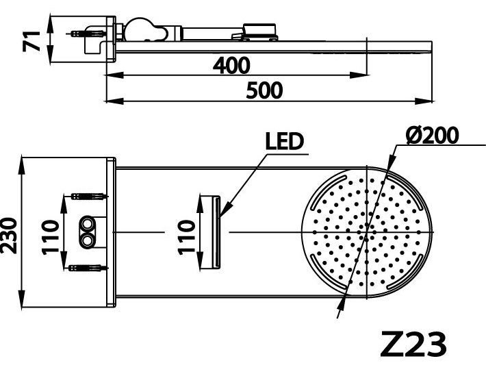Bản vẽ kích thước bát sen mưa gắn tường Cotto Z23 BL có đèn Led
