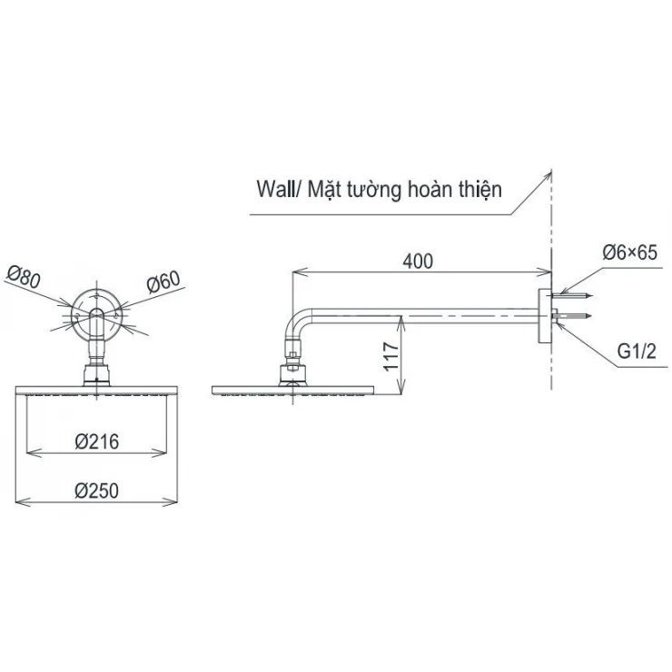 Bản vẽ bát sen tắm TBW 07002A MBL TOTO gắn tường 250 mm