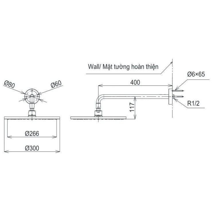 Bản vẽ bát sen tắm TBW 07003A MBL TOTO gắn tường 300 mm