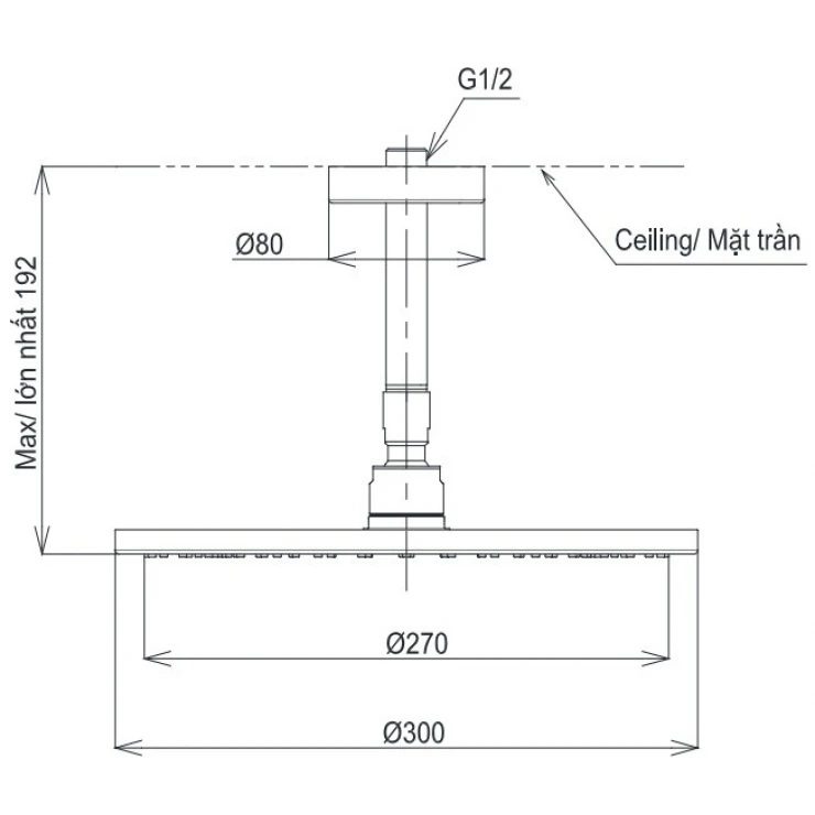 Bản vẽ bát sen tắm TBW 07003A1 MBL TOTO gắn trần 300 mm