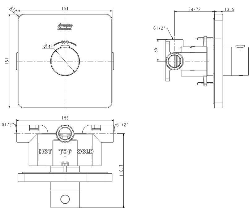 Bản vẽ bộ trộn âm tường American FFAS0930 HG nhiệt độ