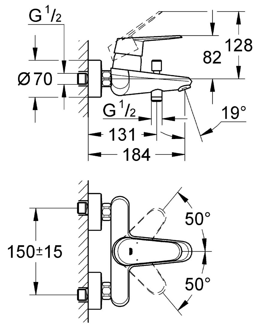 Bản vẽ kỹ thuật bộ trộn sen bồn tắm  Eurodisc Cosmo Grohe 33390002 