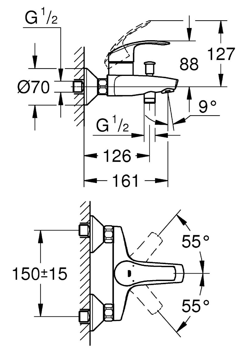 Bản vẽ kỹ thuật bộ trộn sen bồn tắm Eurosmart Grohe 33300002