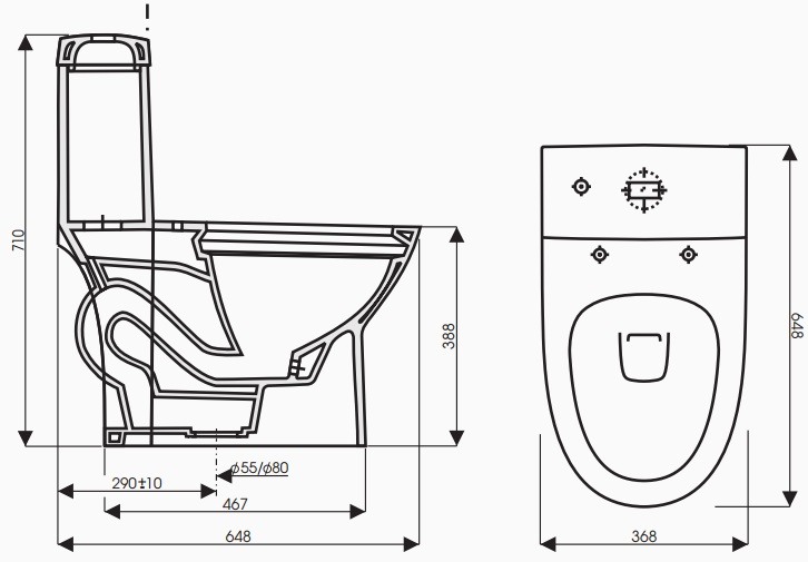 Bản vẽ kích thước toilet liền khối CK67 Thiên Thanh Water