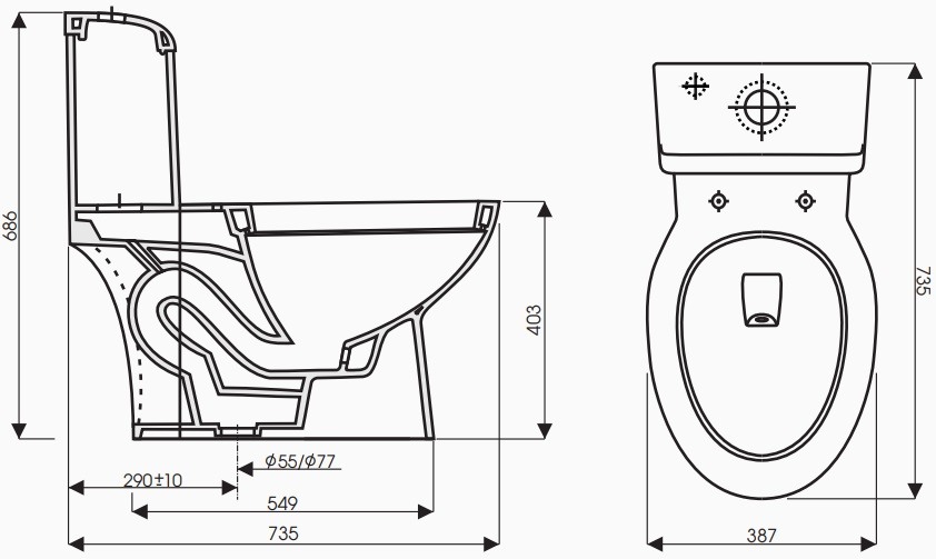 Bản vẽ kích thước Toilet CK 68 Thiên Thanh Titan