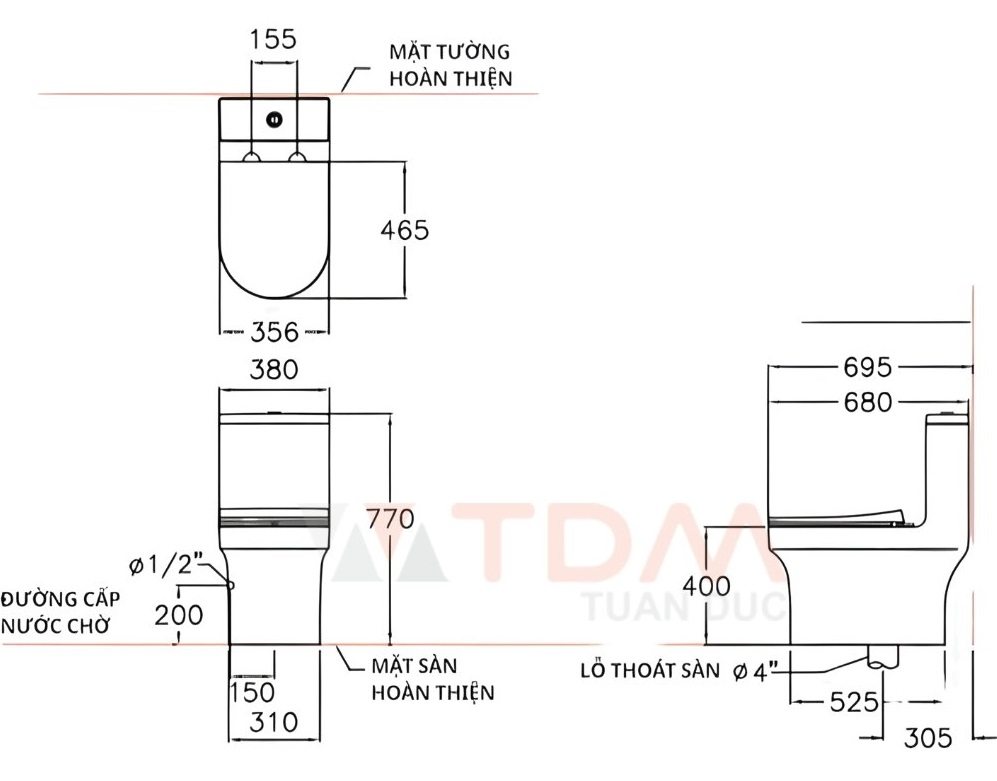 Bản vẽ kích thước bồn cầu 1 khối Cotto C11002HOS Charm
