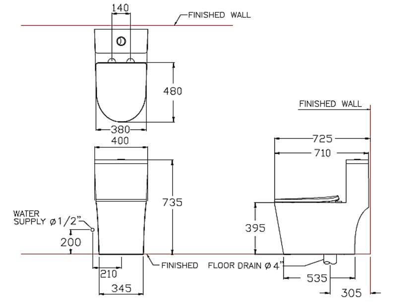 Bản vẽ kích thước bồn cầu 1 khối Cotto C11003H 