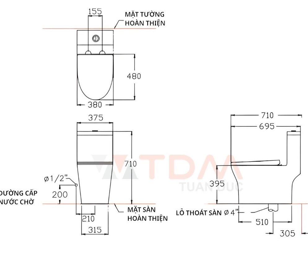 Bản vẽ kích thước bồn cầu 1 khối Cotto C11004HOS PROMPT