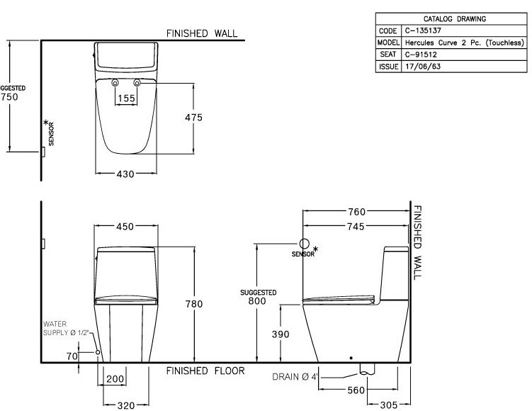 Bản vẽ kích thước bồn cầu C 135137 Cotto 2 khối