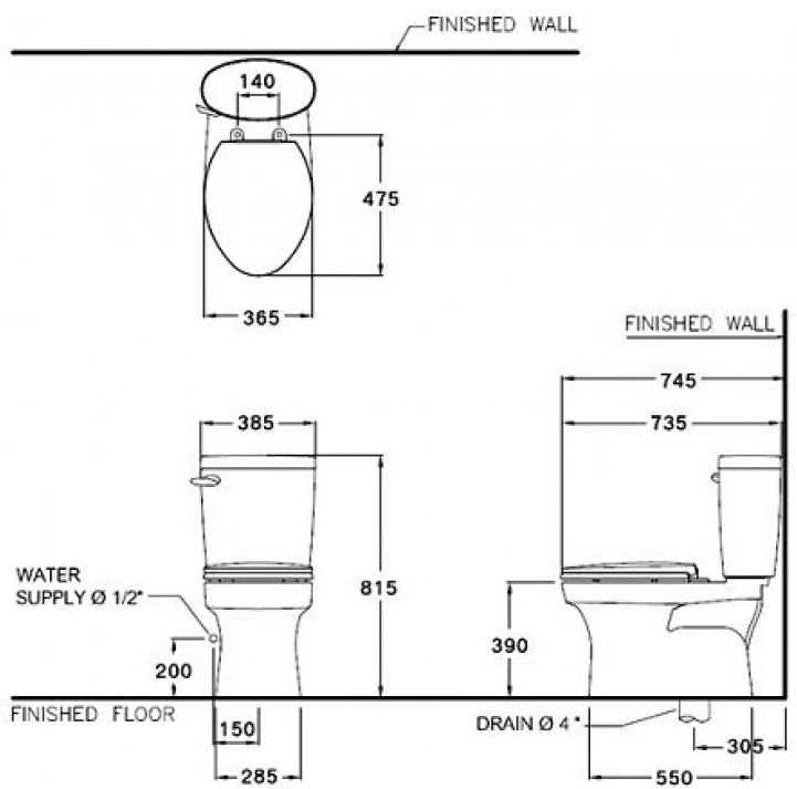 Bản vẽ kích thước bồn cầu C1 388 CN1 COTTO