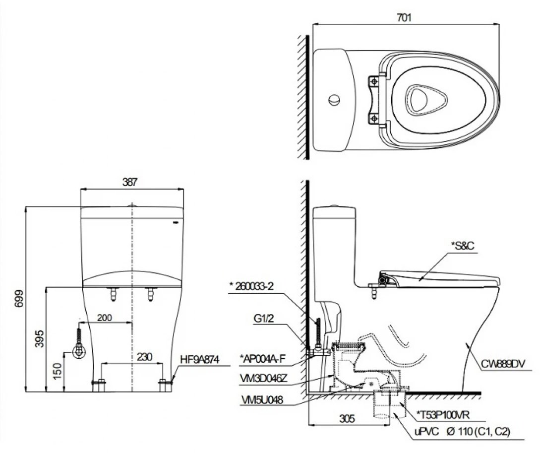 Bản vẽ kích thước bồn cầu Washlet MS889W23 TOTO