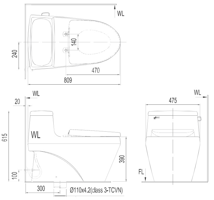 Bản vẽ bệt inax 1035 nắp điện tử CW-KB22