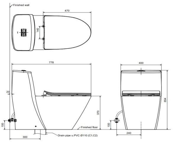 Bản vẽ kích thước Bồn Cầu INAX AC-919R/CW-S15VN