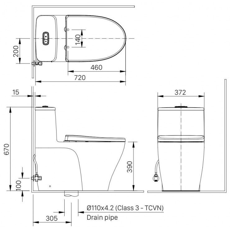 Bản vẽ kích thước bệt Inax AC 989 CW KB22AVN