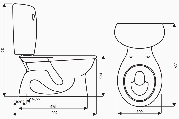 Bản vẽ kích thước bồn cầu Thiên Thanh CE0110 hai khối