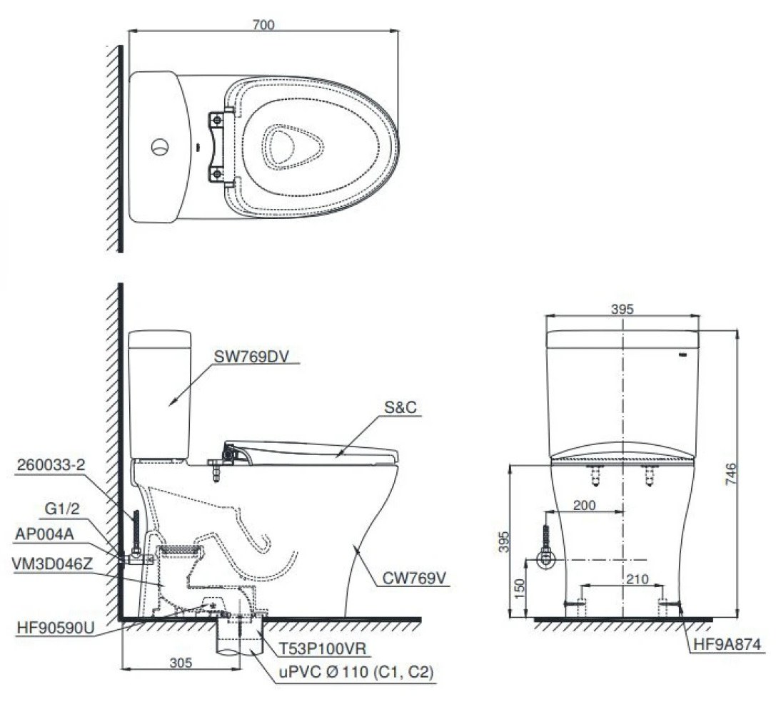 Bản vẽ kích thước bồn cầu điện tử TOTO CS 769CDRW23
