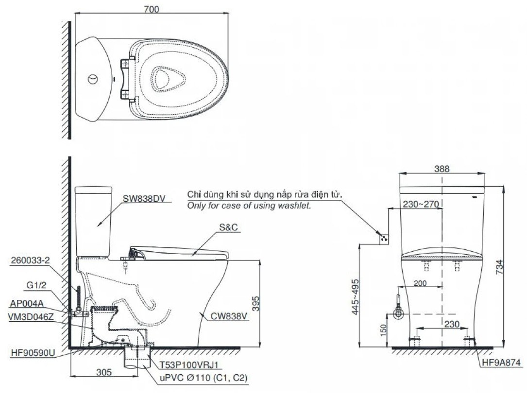 Bản vẽ bồn cầu nắp điện tử TOTO CS838W23