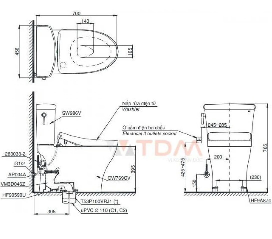 Bản vẽ kích thước bồn cầu điện tử TOTO CS986GW23