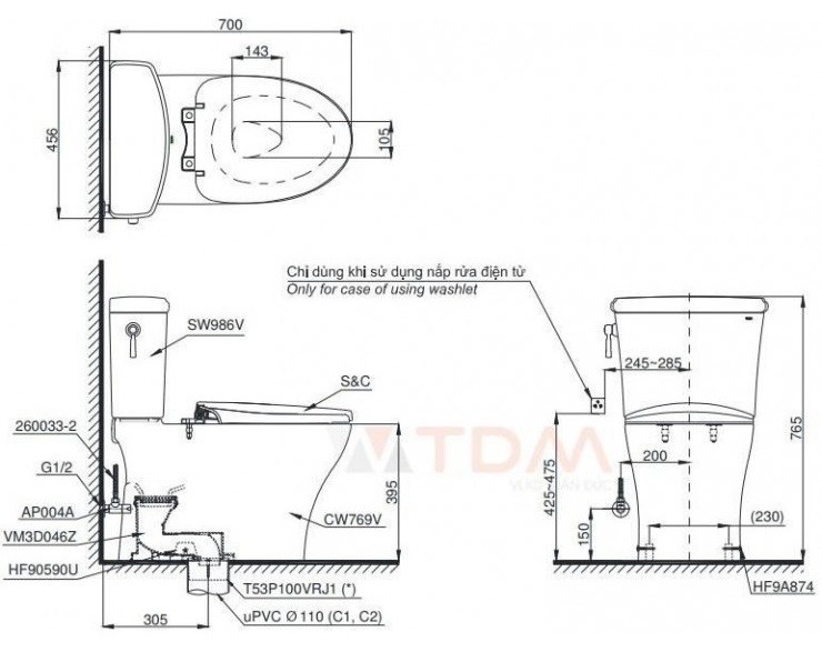 Bản vẽ kích thước bồn cầu điện tử TOTO CS 986GW18
