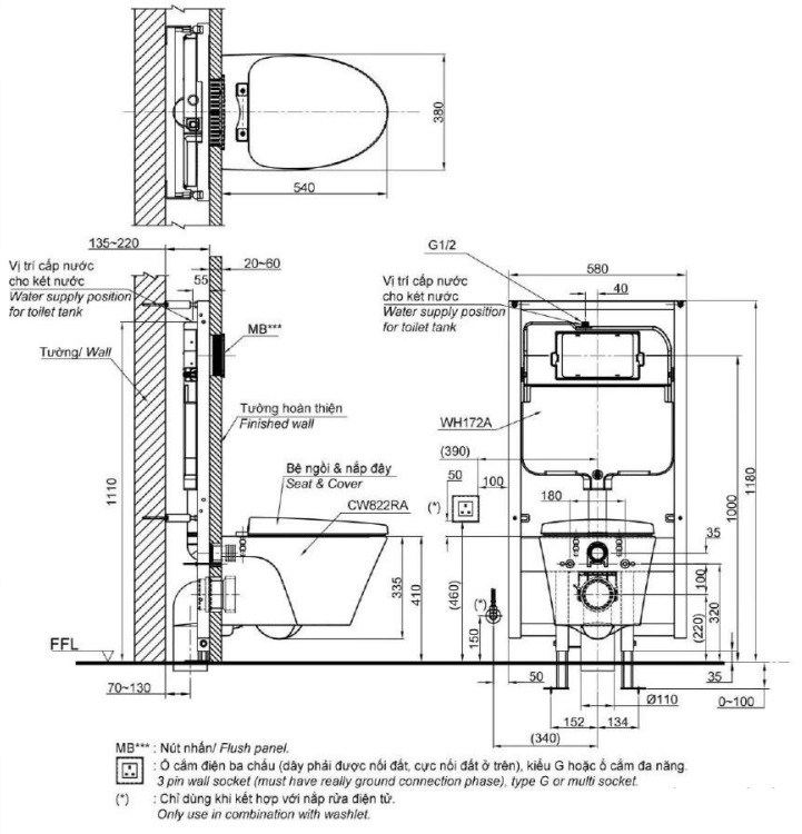 Bản vẽ kỹ thuật xí bệt CW822RA#W