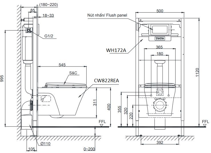 Bản vẽ kỹ thuật xí bệt TOTO CW 822 REA