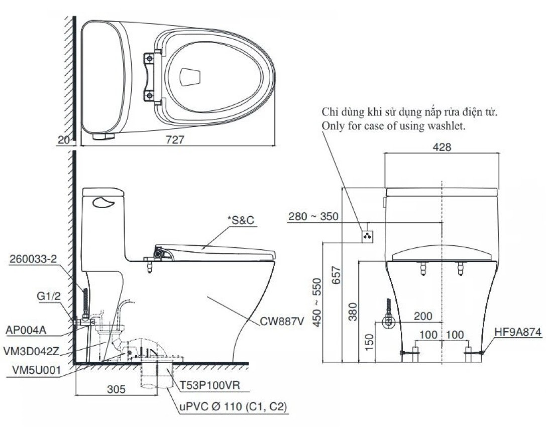 Bản vẽ bồn cầu điện tử TOTO MS887 CRW23 1 khối