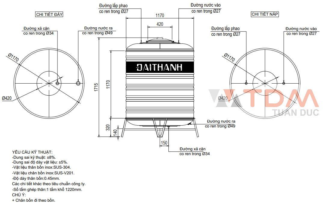 Bản vẽ bồn chứa nước inox 1500 lít Đại Thành SUS 304