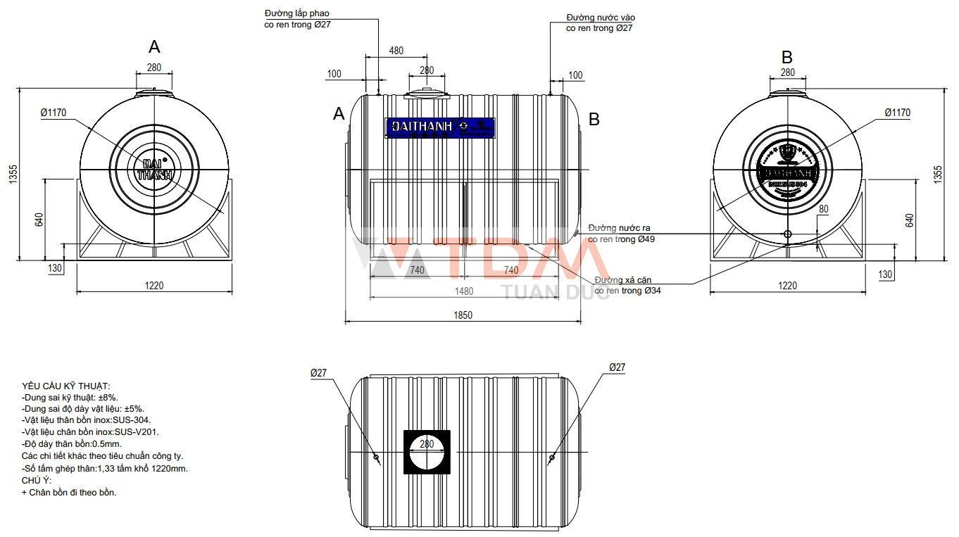 Bản vẽ téc nước inox 2000 lít nằm Đại Thành SUS 304