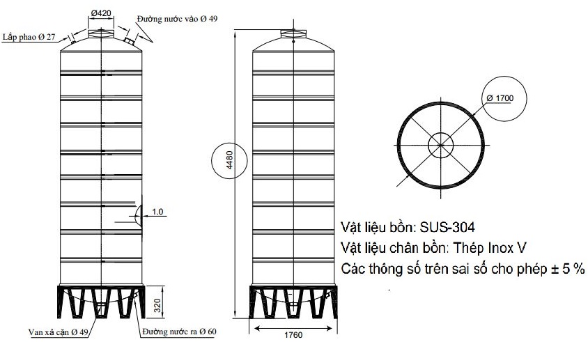 Bản vẽ téc nước inox 10000L Đại Thành SUS 304