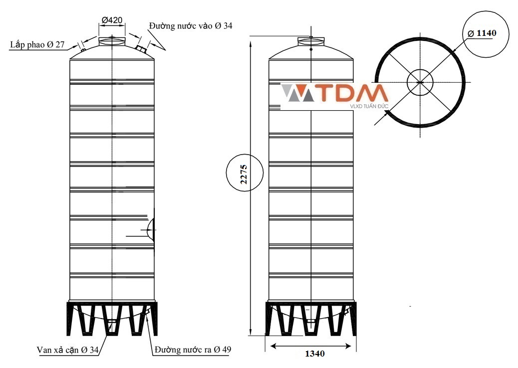Bản vẽ téc nước inox 2500 lít đứng SUS 304 Sơn Hà