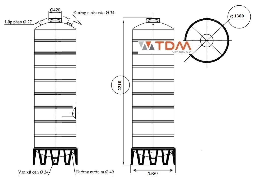 Bản vẽ téc nước inox 3000 lít đứng SUS 304 Sơn Hà