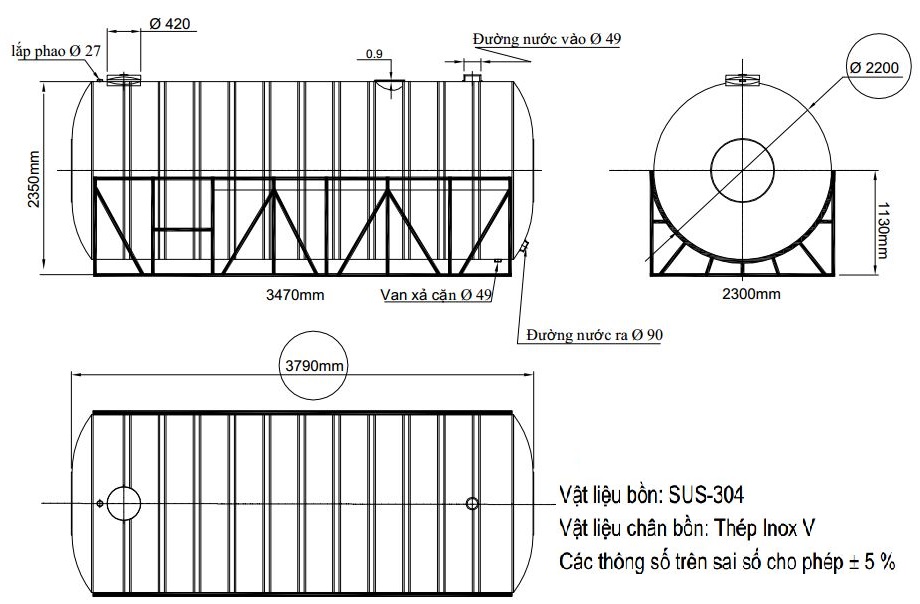 bản vẽ bồn nước inox Đại Thành 15000 lít ngang SUS 304