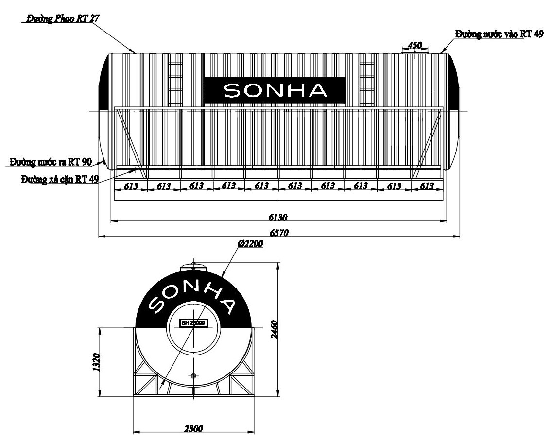 Bản vẽ téc nước inox 25000 lít ngang SUS 304 Sơn Hà phi 2200mm