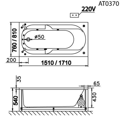 Bản vẽ kỹ thuật bồn tắm dài Caesar AT0370 1.7M