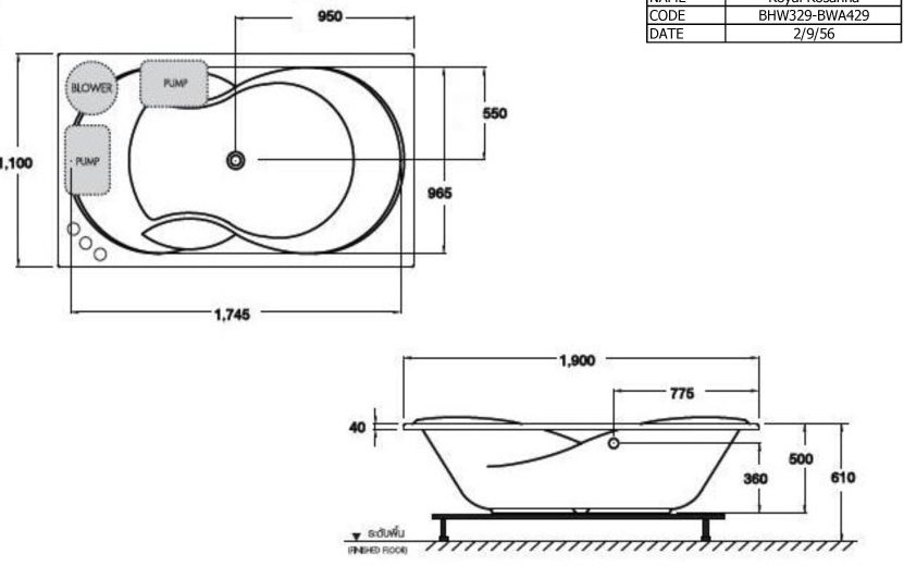 Bản vẽ kích thước bồn tắm massage bwa 429 elh wh  Cotto 