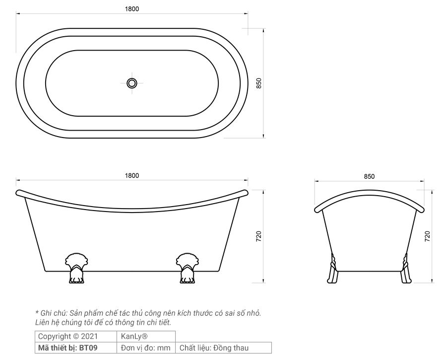 Bản vẽ kích thước bồn tắm Kanly đặt sàn BT09 đồng thau