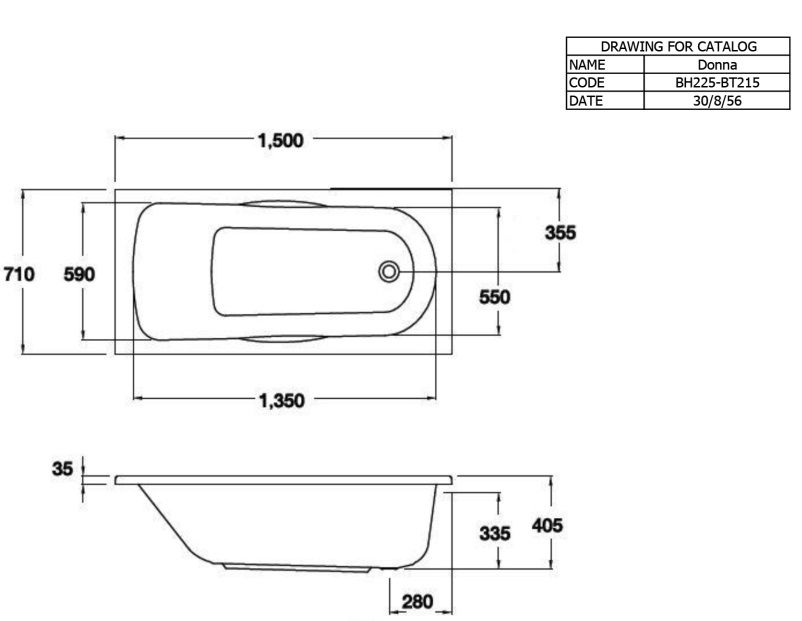 Bản vẽ bồn tắm xây bh 225 pp (h) wh Cotto 1.5M