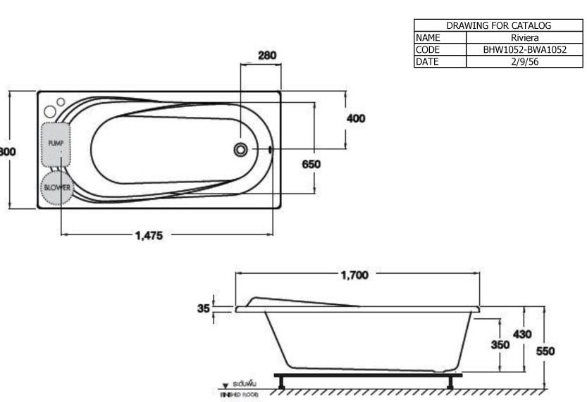 Bản vẽ kích thước bồn tắm xây massage bwa 1052pph wh  Cotto