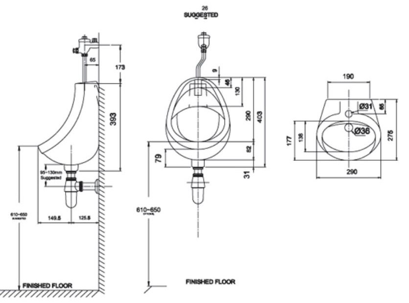 Bản vẽ kích thước bồn tiểu treo tường American VF0414