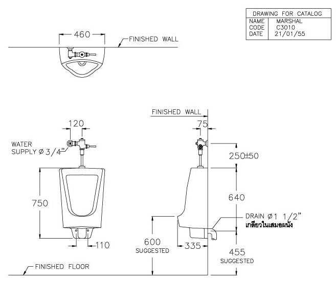 Bản vẽ kích thước bệ tiểu nam C 3010 cotto 