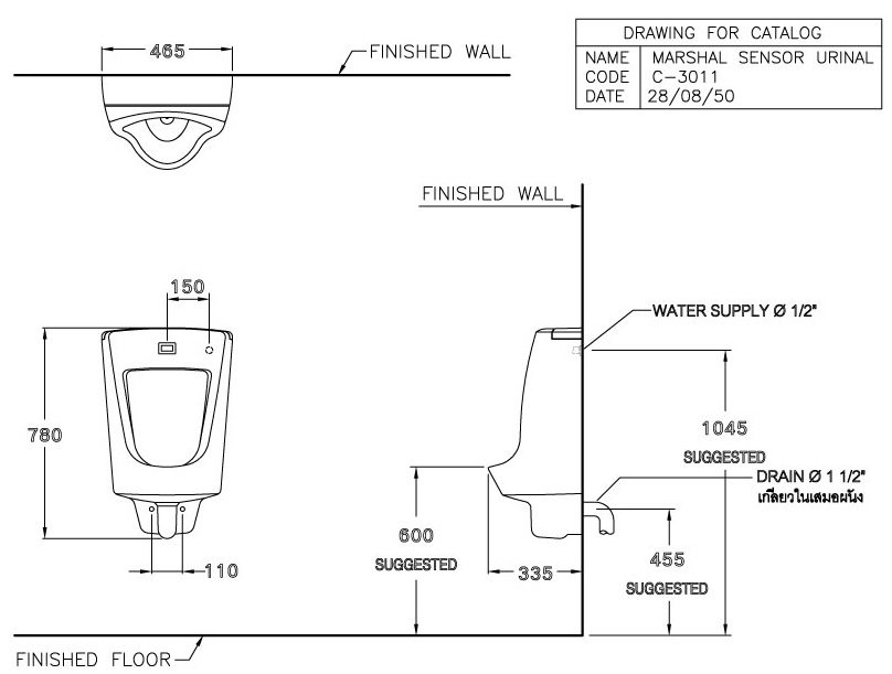 Bản vẽ kích thước bồn tiểu nam Cotto dùng pin c 3011 dc cảm ứng 