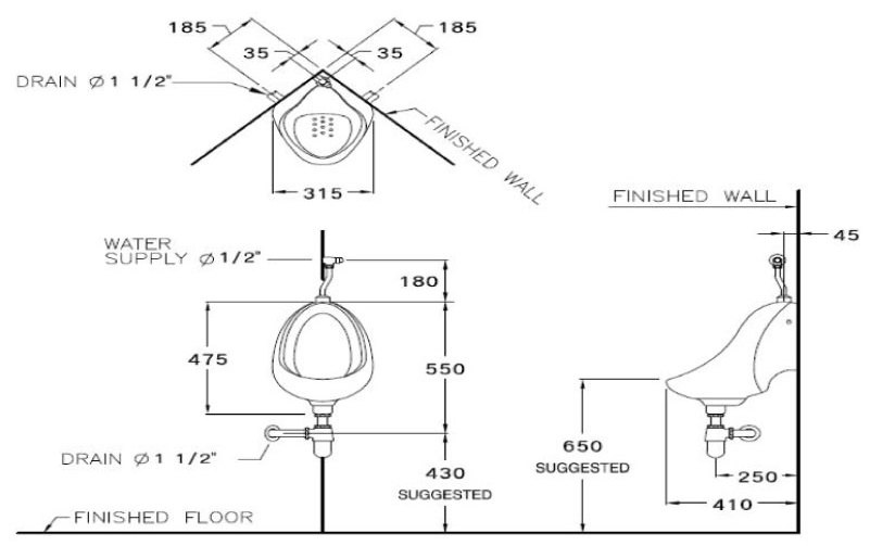 Bản vẽ kích thước bệ tiểu nam Cotto C 305
