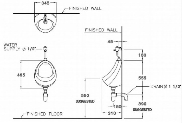 Bản vẽ kỹ thuật bồn tiểu nam Cotto C307