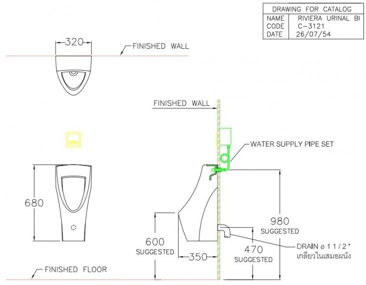 Bản vẽ kích thước Bồn tiểu nam Cotto C 31217 BI